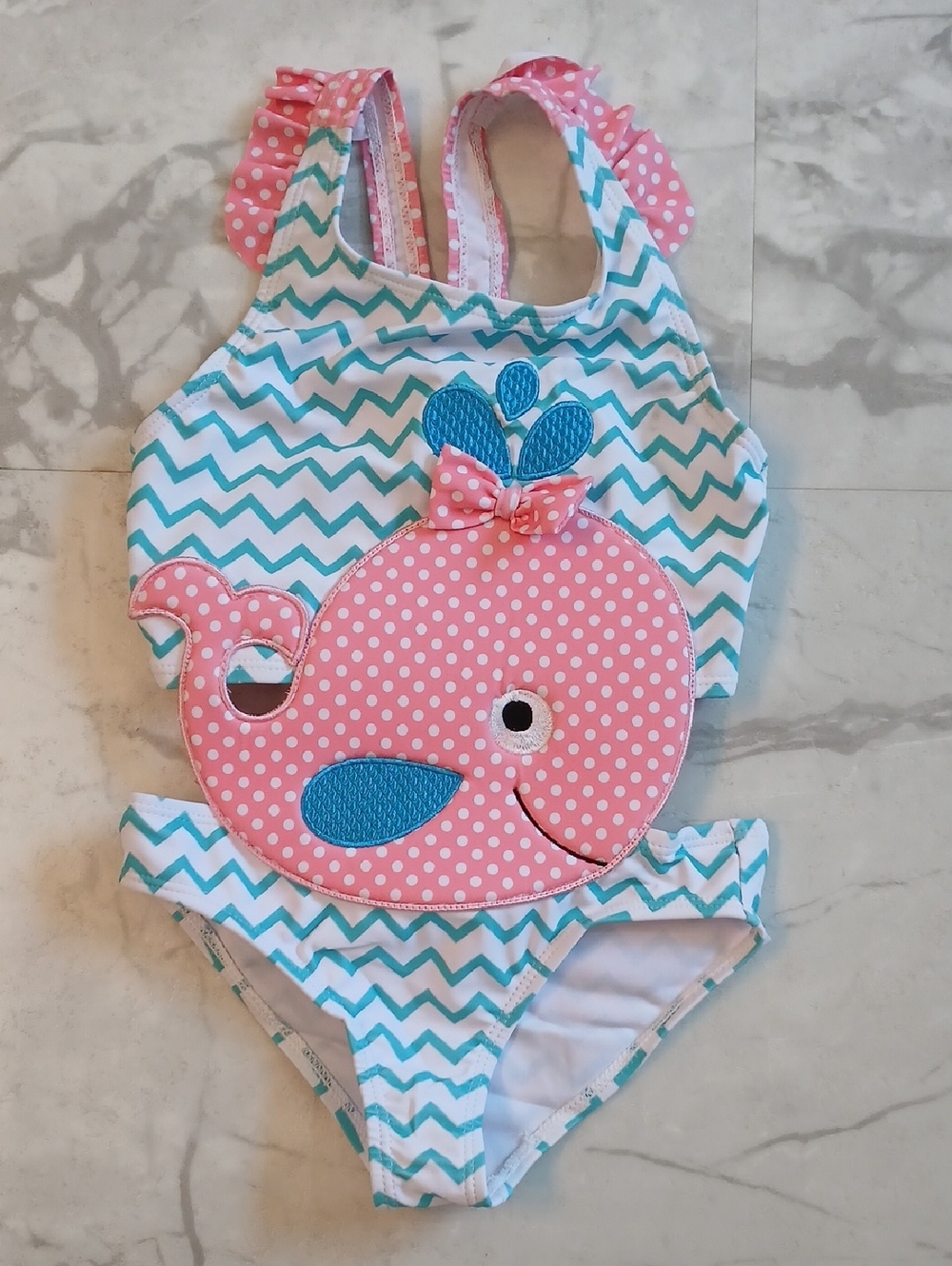 Girls Pink Whale One-Piece Swimsuit with Teal Chevron